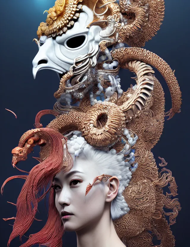 Image similar to 3 d goddess close - up profile portrait ram skull. beautiful intricately detailed japanese crow kitsune mask and clasical japanese kimono. betta fish, jellyfish phoenix, bio luminescent, plasma, ice, water, wind, creature, artwork by tooth wu and wlop and beeple and greg rutkowski