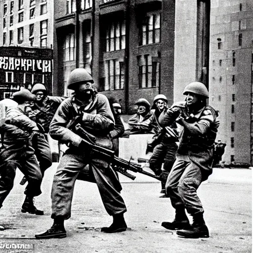 Prompt: Epic shootout between Soviet and American troops on the streets of New York, powerful explosions, Super colorful style, super detail of each object,