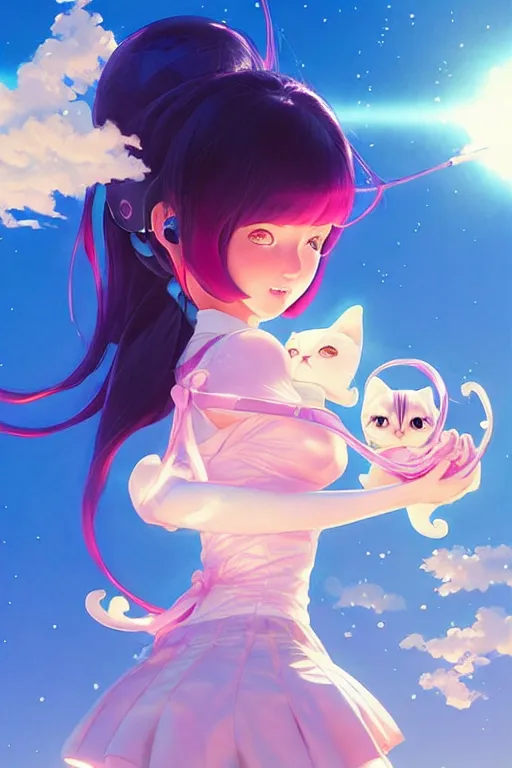 Image similar to bubbly lovely hopefully magical girl flying to the sun set with her kitty, occlusion shadow, specular reflection, rim light, unreal engine, artgerm, artstation, art by hiroaki samura and ilya kuvshinov and ossdraws, high quality, intricate detailed 8 k, fantasy illustration, extremely beautiful and aesthetic shape of face and body, movie poster