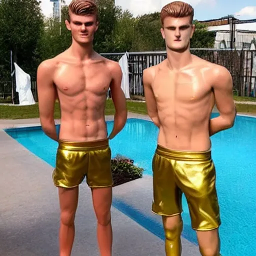 Image similar to a realistic detailed photo of a guy who is an attractive humanoid who is half robot and half humanoid, who is a male android, soccer players martin ødegaard & timo werner, shiny skin, posing like a statue, blank stare, by the pool, on display, showing off his muscles, gold soccer shorts, no jersey, statue, many copies of them