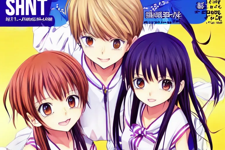 Image similar to ;Weekly Shonen Jump Issue 14, cover, 2000 clannad shuffle toheart event'anime illustration japanese very very beautiful cute girls doing cute things trending on artstation pixiv makoto shinkai smiling super detailed eyes eyebrowless symmetry face visual novel hairpin star