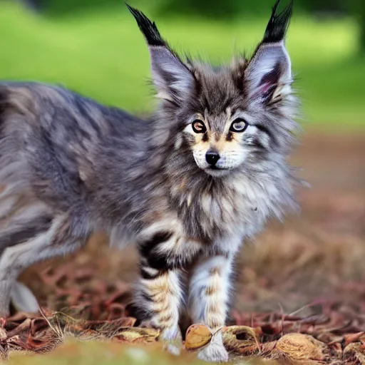 Image similar to a very cute maine coon coyote wolf kitten hybrid with long fluffy tail