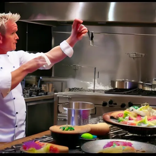 Image similar to Gordon Ramsey cooking a unicorn in a intricate kitchen 4k