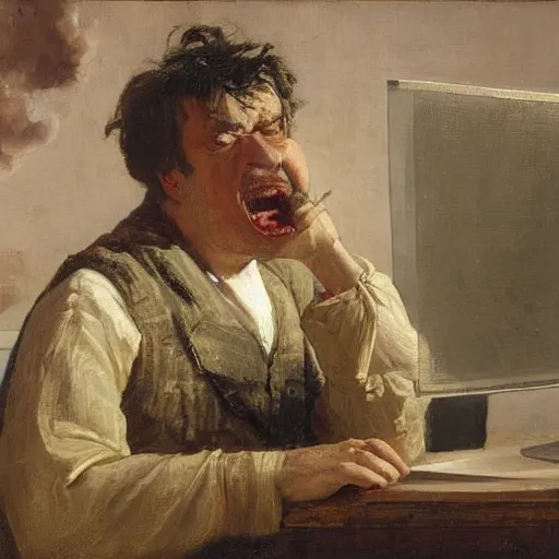 Image similar to an angry man yells at his computer monitor, oil on canvas, 1 8 8 3, highly detailed