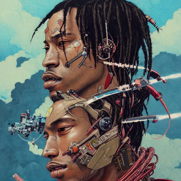 Image similar to a beautiful ukiyo painting of travis scott as a timepunk battle space pilot, wearing space techwear, detailed close up portrait, intricate complexity, concept art, by takato yamamoto, wlop, krenz cushart. cinematic dramatic atmosphere, sharp focus, digital full likeness art. center frame