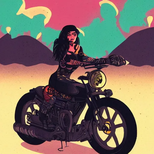 Prompt: a colorfully detailed comic noir illustration of a hot tattooed women riding a motorcycle through a post-apocalyptic desert by Queens of the Stone Age and sachin teng, dark vibes, street art, cinematic, high contrast, depth of field