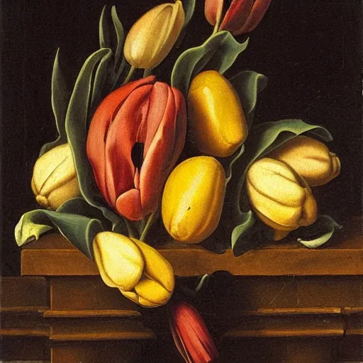 Prompt: variegated tulip red and black dutch renaissance still life with peeled lemon and memento mori, highly detailed, black background