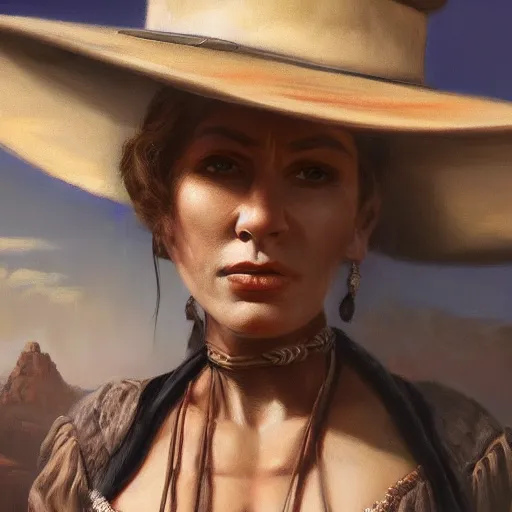 Prompt: a matte painting of the wild west woman, oil painting, pale colors, high detail, 8 k, wide angle, trending on artstation,