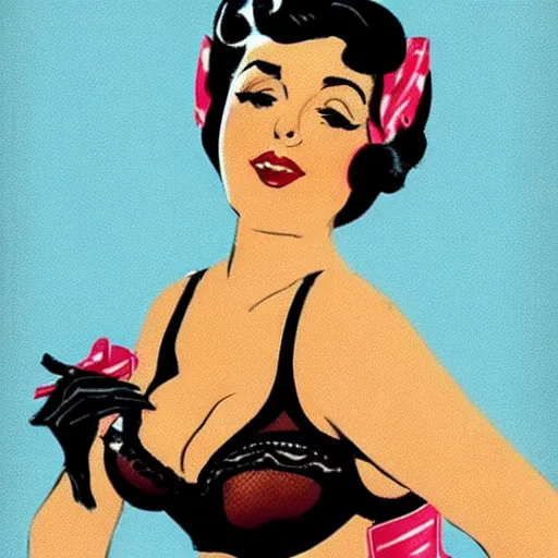Prompt: retro pinup of woman wearing lingerie holding onto a bomb