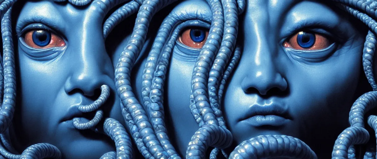 Image similar to hyperrealistic highly detailed close-up portrait of a Rubensian blue rococo medusa with 8 round cat eyes sharp concept art wayne barlowe cinematic lighting 8k low angle shallow depth of field