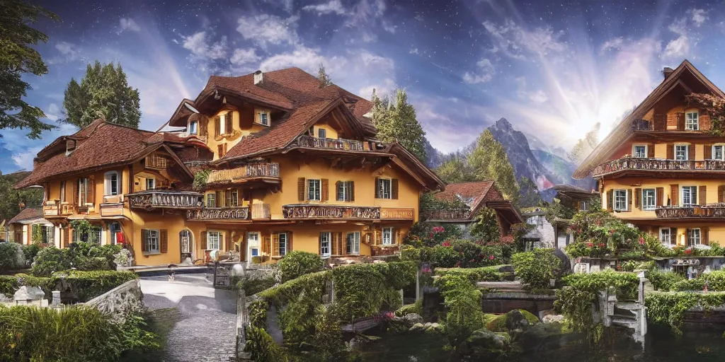 Prompt: Beautiful Swiss chalet with a large clock, jewels, shiny silver, shiny gold, architectural render, by Gabriel Dawe, by Skottie Young, by Jessica Rossier, by Isaac Cordal, Rolex, Breitling, Jacob & Co, Omega, Tag Heur