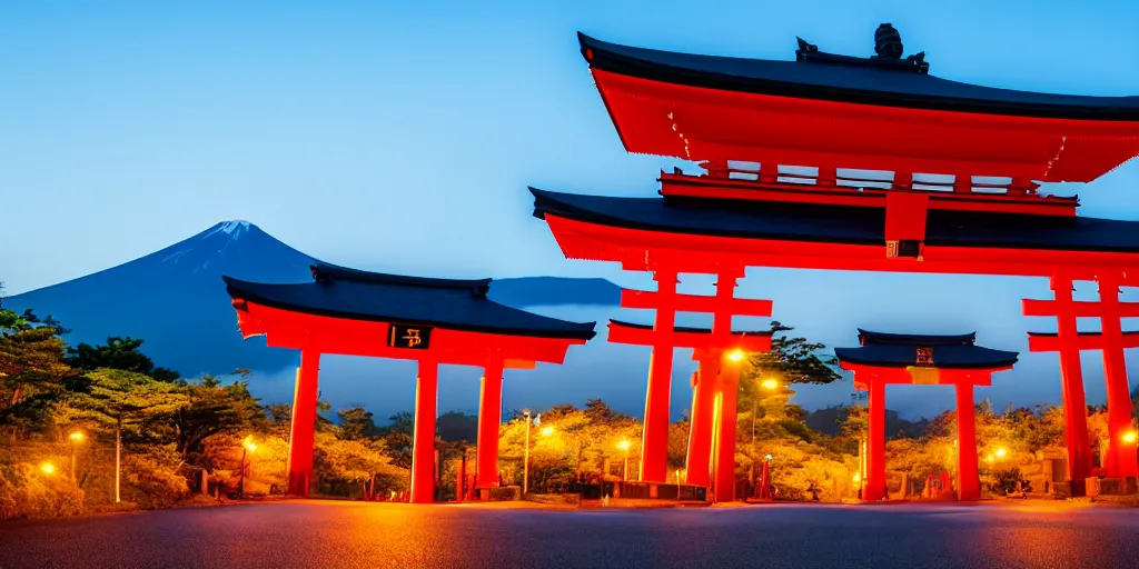 Prompt: A night photo of a school bus driving towards a Japanese Torii gate at Mount Fuji location in Japan, time travel, 4K, global illumination, ray tracing