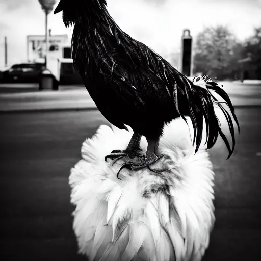 Prompt: dramatic photo of an emo chicken sitting at a bus stop, heartbreaking, emotional, black and white, focal point, closeup, inspirational.