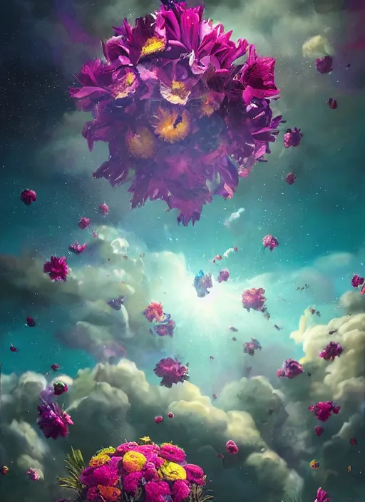 Prompt: An epic fantastic realism comic book style painting of the most beautiful flowers launched into space, bouquets, fisheye lens, unreal 5, DAZ, hyperrealistic, stars across the cosmos, octane render, dynamic lighting