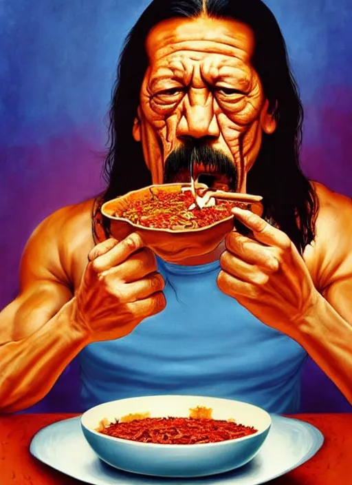 Image similar to ultrawide angle colour portrait masterpiece photography of danny trejo eating a bowl of chili shot by annie leibovitz michael cheval miho hirano moebius josh kirb