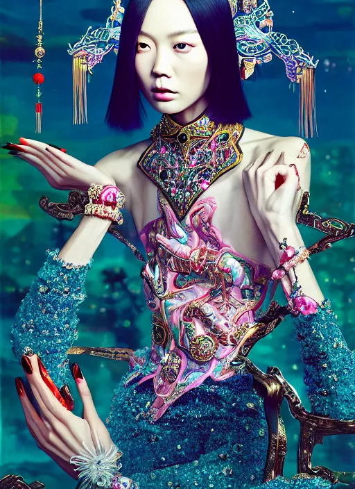 Prompt: pretty chinese model with futuristic diamonds and jewelry : : by martine johanna and simon stalenhag and chie yoshii and casey weldon and wlop : : ornate, dynamic, particulate, rich colors, intricate, elegant, highly detailed, vogue, harper's bazaar art, fashion magazine, smooth, sharp focus, 8 k, octane render,