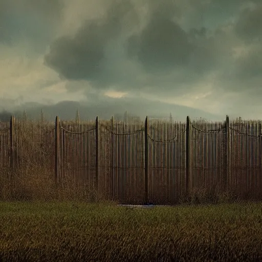 Prompt: an endless very tall fence, in a field, birds, dystopian, grim, dark, masterpiece oil painting, octane render, by barlowe, by kincaid 4 k