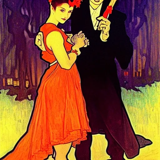 Image similar to painting of handsome young beautiful jeff and gorgeous rina together at the jack o'lantern halloween party, elegant, clear, painting, stylized, art, art by alphonse mucha, vincent van gogh, egon schiele,