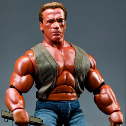 Image similar to a 12 inch action figure of Arnold Schwarzenegger from Commando. Posed. Big muscles. Holding an automatic rifle in his hands. Plastic shiny. Full body feet and head