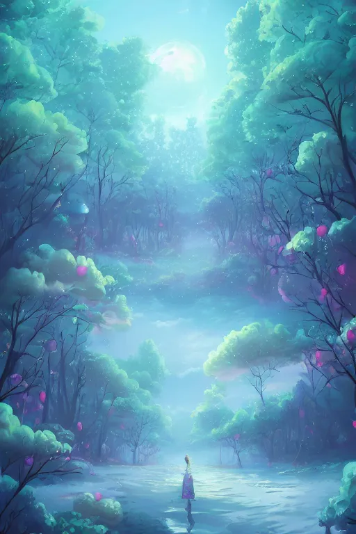 Prompt: A beautiful ultra detailed matte painting Moonlight woods near the water puffy clouds in sky vivid colors, by Cyril Rolando, David Wiesner, unreal engine, featured on artstation