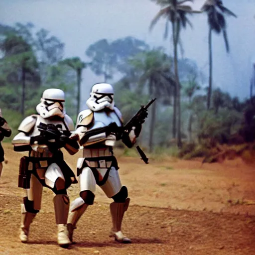 Image similar to star wars clone troopers combat soldiers in vietnam, photo, old picture, lush landscape, jungle, firearms, explosions, helicopters, aerial combat, active battle zone, flamethrower, air support, jedi, land mines, gunfire, violent, star destroyers, star wars lasers, sci - fi, jetpacks, agent orange, bomber planes, smoke, trench warfare