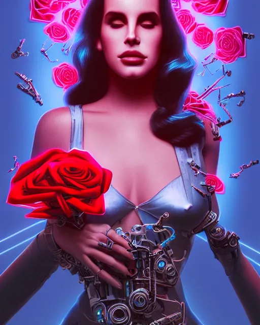 Image similar to portrait of lana del rey as a cyberpunk cyborg. sci - fi intricate abstract upper body intricate artwork, roses, rose petals by tooth wu, wlop, beeple, dan mumford. concept art, octane render, trending on artstation, greg rutkowski, asymmetrical, cinematic arthouse, key art, hyper realism, iridescent accents