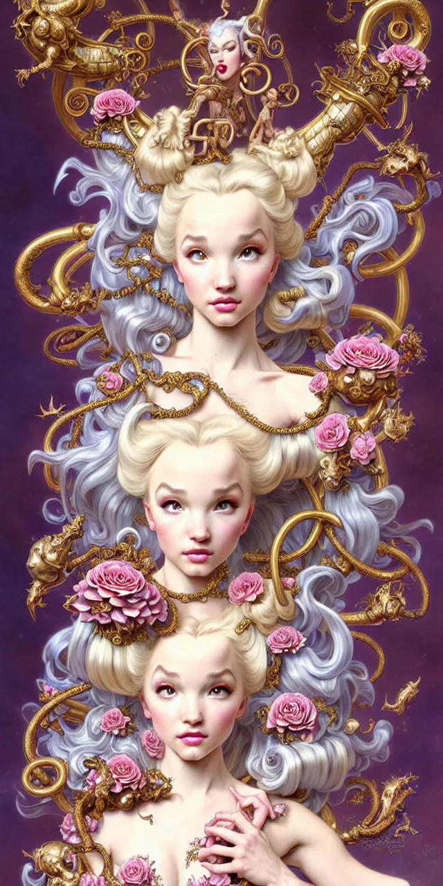 Image similar to beautiful dove cameron baroque rococo fantasy character portrait, ultra realistic, intricate details, the fifth element artifacts, highly detailed by peter mohrbacher, hajime sorayama, wayne barlowe, boris vallejo, aaron horkey, gaston bussiere, craig mullins alphonse mucha, rococo curves swirls and spirals, flowers pearls beads crystals jewelry goldchains scattered