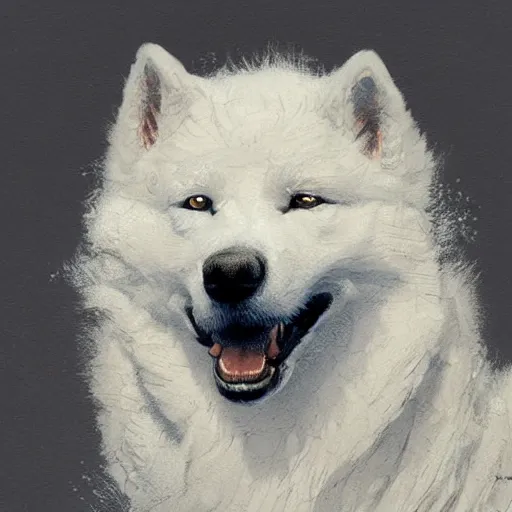 Image similar to samoyed dog, intricate, art by greg rutkowski, high detailed, 4 k,