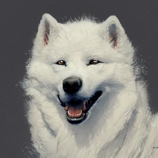 Prompt: samoyed dog, intricate, art by greg rutkowski, high detailed, 4 k,