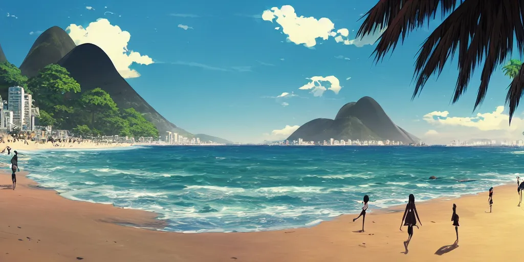 Image similar to a beach in rio de janeiro in an anime film, directed by makoto shinkai, cinematic, key visual, highly detailed, sharp focus