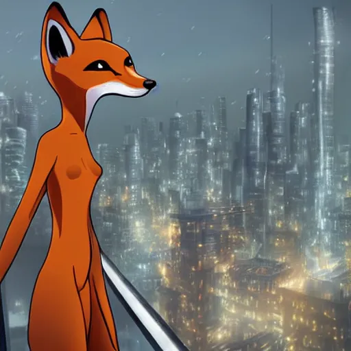 Image similar to an anthropomorphic fox, holding her hands together behind her back staring over a futuristic city from the top of a roof, wide shot, over the shoulder shot, highly coherent, trending on furaffinity