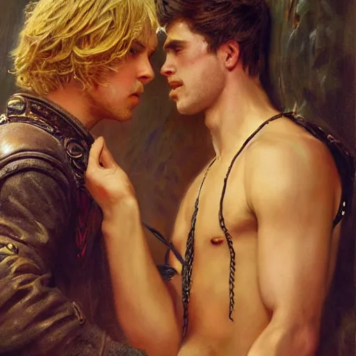 Image similar to attractive male, arthur pendragon who has blond hair confesses his love to attractive male, merlin who has dark hair. highly detailed painting by gaston bussiere, craig mullins, j. c. leyendecker 8 k