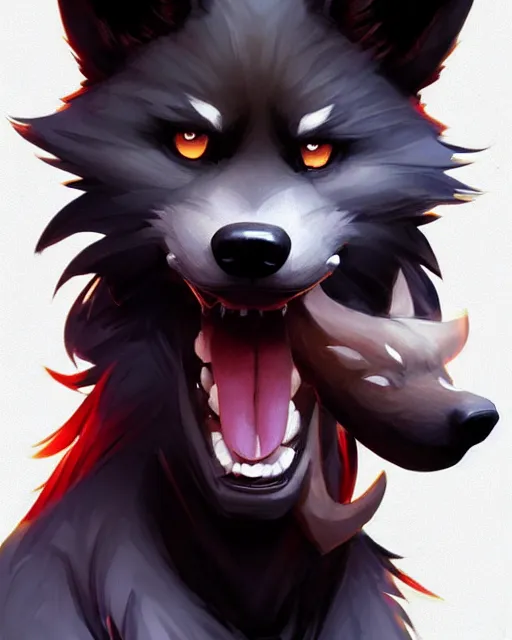 Image similar to character concept art of a black anthropomorphic furry male wolf with red hair | | cute - fine - face, pretty face, key visual, realistic shaded perfect face, fine details by stanley artgerm lau, wlop, rossdraws, james jean, andrei riabovitchev, marc simonetti, and sakimichan, trending on artstation