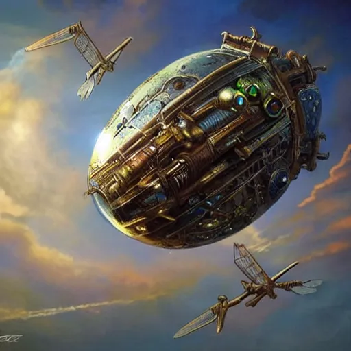 Prompt: flying city in a mechanical egg, sky, steampunk!!!, fantasy art, steampunk, masterpiece, unreal