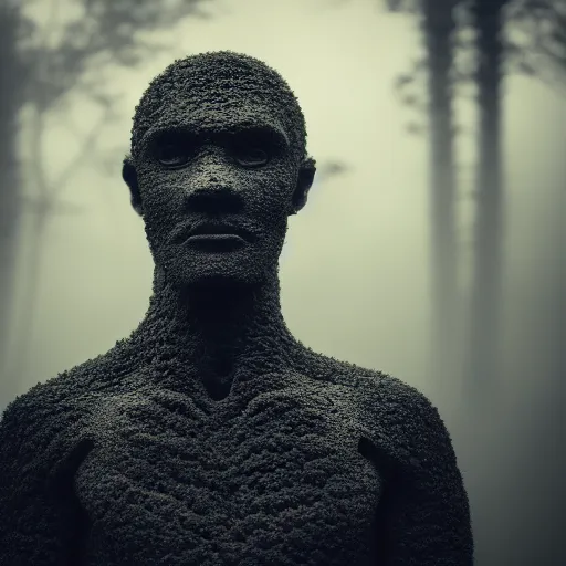 Prompt: beautiful lava human figure, exotic trees, bare bark, dark eyes, low angle mist, high octane, frostbite, 8 k, cinematic, 3 5 mm