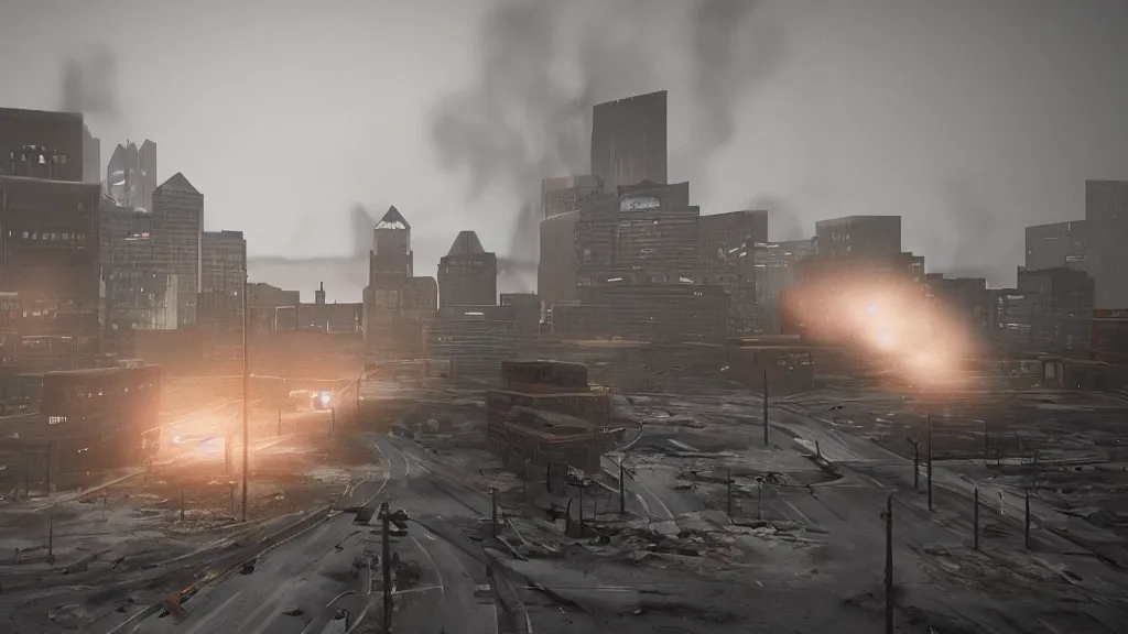 Prompt: post apocalypse Pittsburgh, smoke, fire, cinematic, rendered in octane, rendered in Arnold, rendered in vray