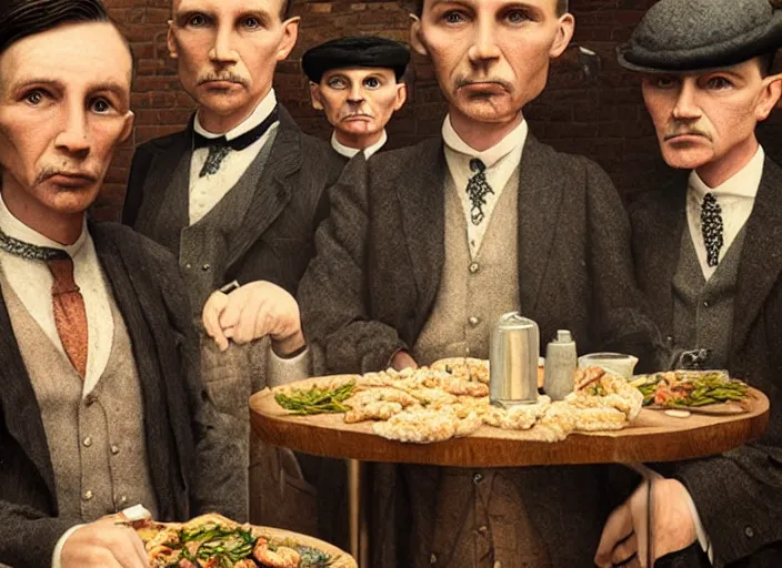 Image similar to peaky blinders made of fried shrimp, lowbrow, matte painting, 3 - d highly detailed, in the style of mark ryden,