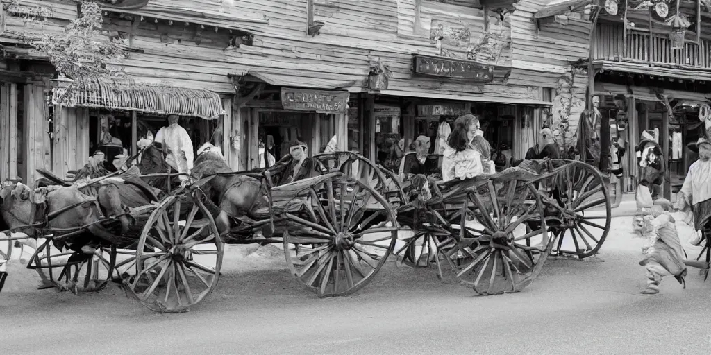 Prompt: wagon broken on main street of old west mountain town bustling with people, in the style of Fredrick Remington