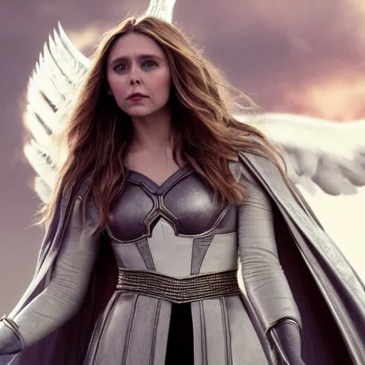 Image similar to full body photo of elizabeth olsen as an angelic warrior