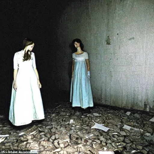 Prompt: a beautiful and eerie picture of two women wearing nightdresses in an abandoned mansion in silent hill. Photographed in the 1970s, by Alan Lee