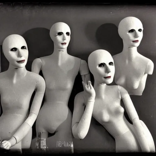 Image similar to a manikin party, wax manikin heads, smiling, photograph, style of atget, nightmare, concept art, creepy