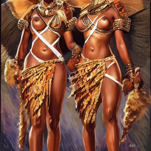 Prompt: : Zulu goddesses holding hands, fanart + digital art + art by J.C. LEYENDECKER + 4K UHD IMAGE + STUNNING QUALITY