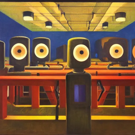 Image similar to a brutalist robot choir, pj crook, grant wood, edward hopper, syd mead, chiaroscuro, oil on canvas