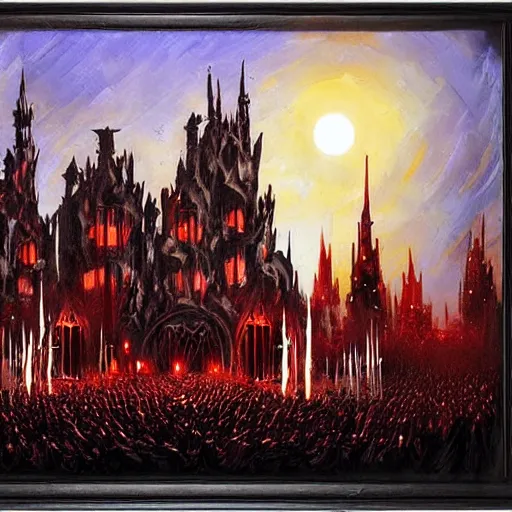 Prompt: metal band performing live on stage, gothic style with lights and large sound speakers, by Megan Duncanson and Raphael Lacoste, detailed 3d gothic oil painting