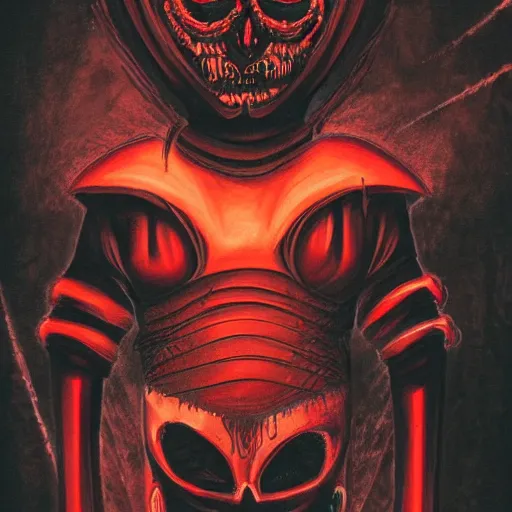 Image similar to a dark matter angry portrait demon in iron armor with diamonds sits on the black throne of death and looks with red eyes into the darkness against the background of a bright red sun