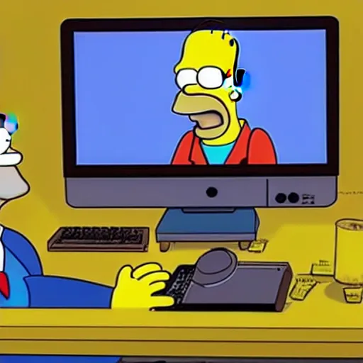 Prompt: homer simpson is sitting at a desk with a computer screen that is showing an episode of the simpsons