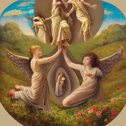Image similar to angels in a spiral against the sky in the style of Richard Dadd painting