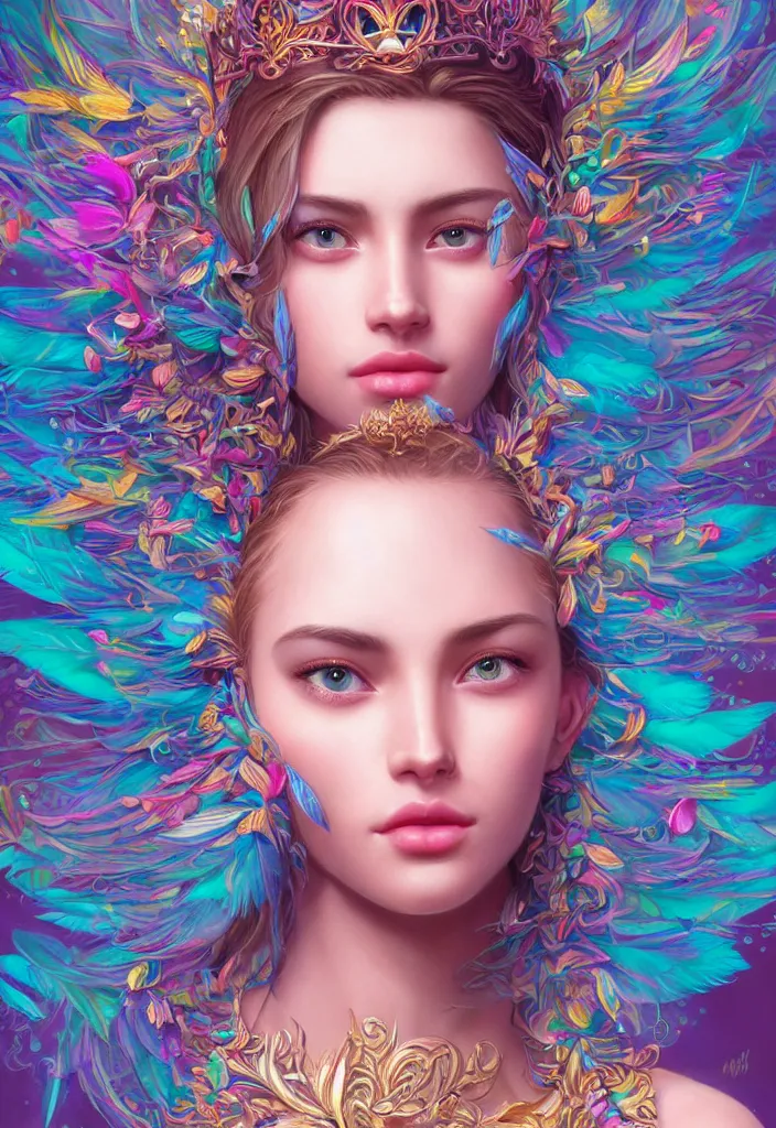 Image similar to beautiful, young woman, detailed gorgeous face, vaporwave aesthetic, synthwave, colorful, psychedelic, water droplets, feathers, crown, artstation, concept art, smooth, extremely sharp detail, finely tuned detail, ultra high definition, 8 k, unreal engine 5, ultra sharp focus, illustration, art by artgerm and greg rutkowski and alphonse mucha