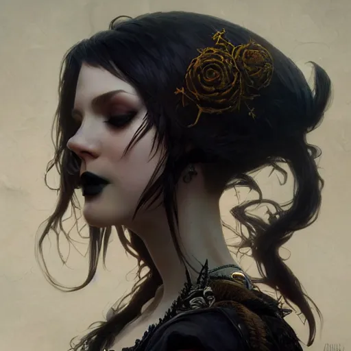 Image similar to a giant attractive goth girl, cute, intricate, highly detailed, digital painting, artstation, concept art, smooth, sharp focus, illustration, unreal engine 5, 8 k, art by artgerm and greg rutkowski and alphonse mucha