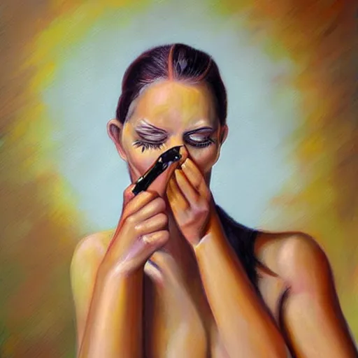 Image similar to female figure sniffing a cigar portrait painting surreal, art by Joan Selder, Surrealism